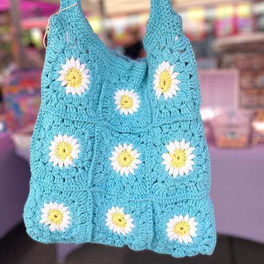 Handmade square large  light turquoise flower crochet tote bag