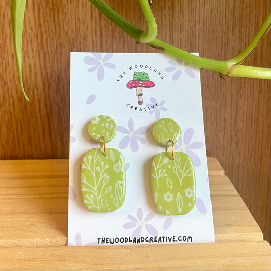 Olive floral print handmade polymer clay earrings