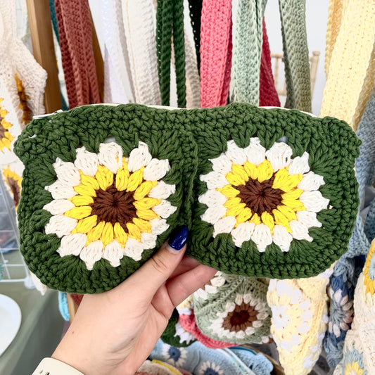 Handmade Green Sunflower Crochet Pencil Pouch
