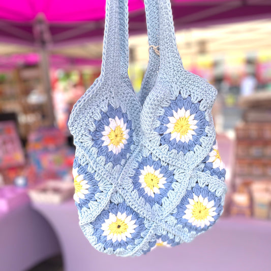 Handmade crochet light blue flower summer tote bag