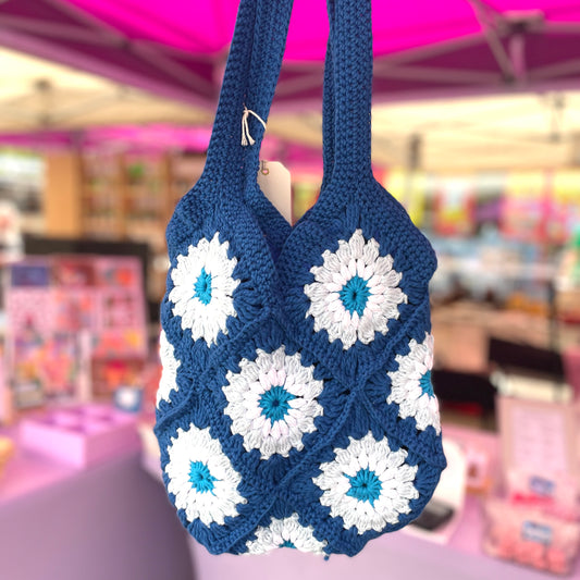 Handmade crochet blue flower summer tote bag