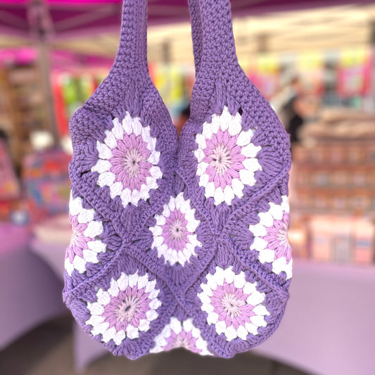 Handmade crochet purple flower summer tote bag