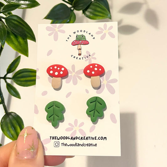 Mushroom & Leaf stud set polymer clay earrings