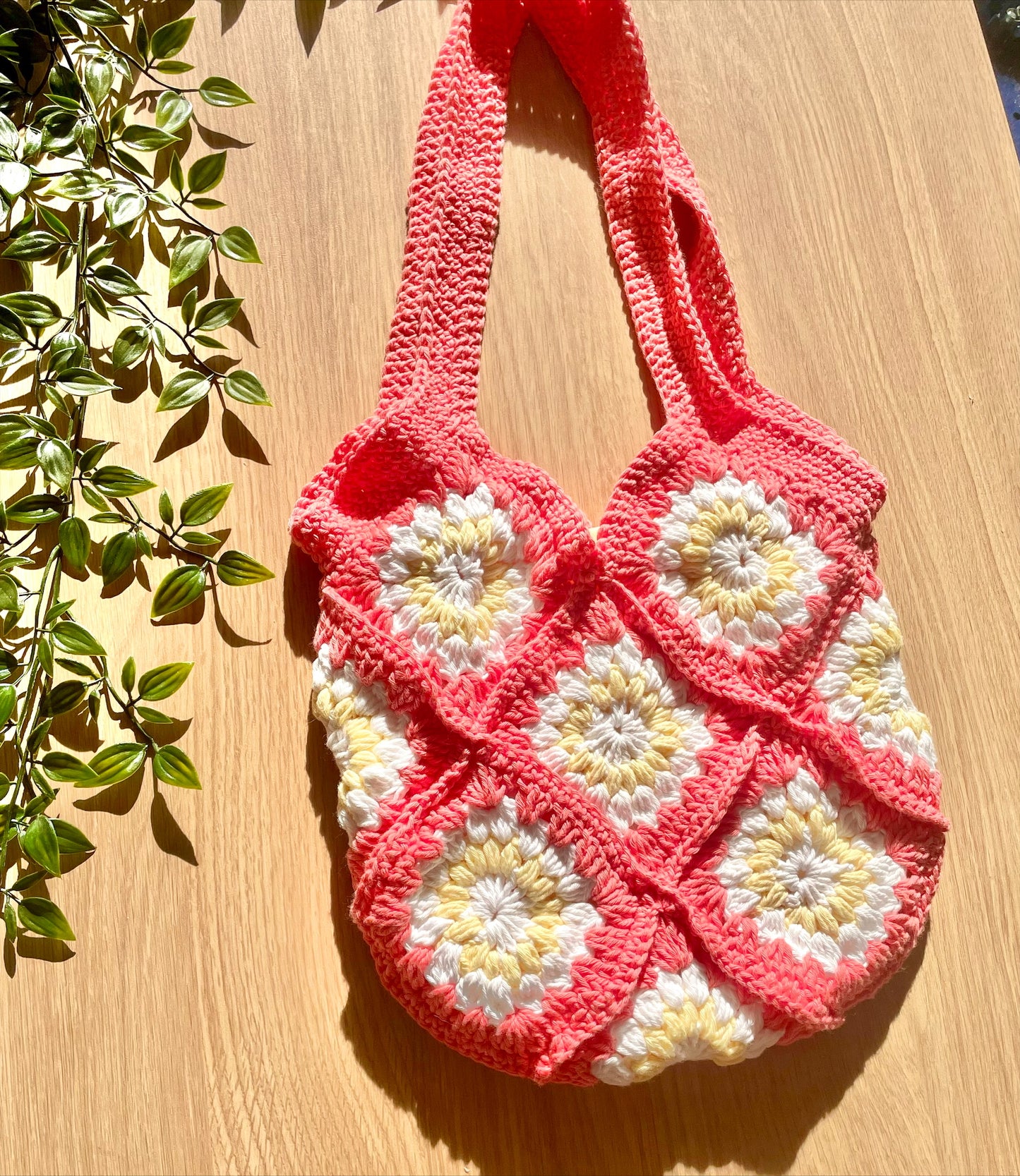 Handmade crochet Coral pink flower summer tote bag