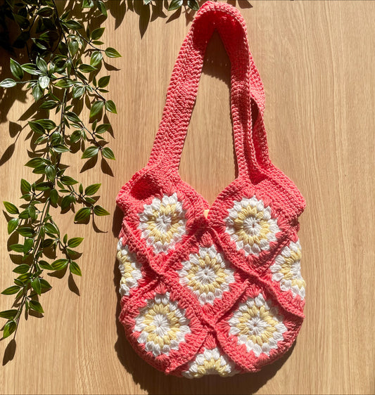 Handmade crochet Coral pink flower summer tote bag