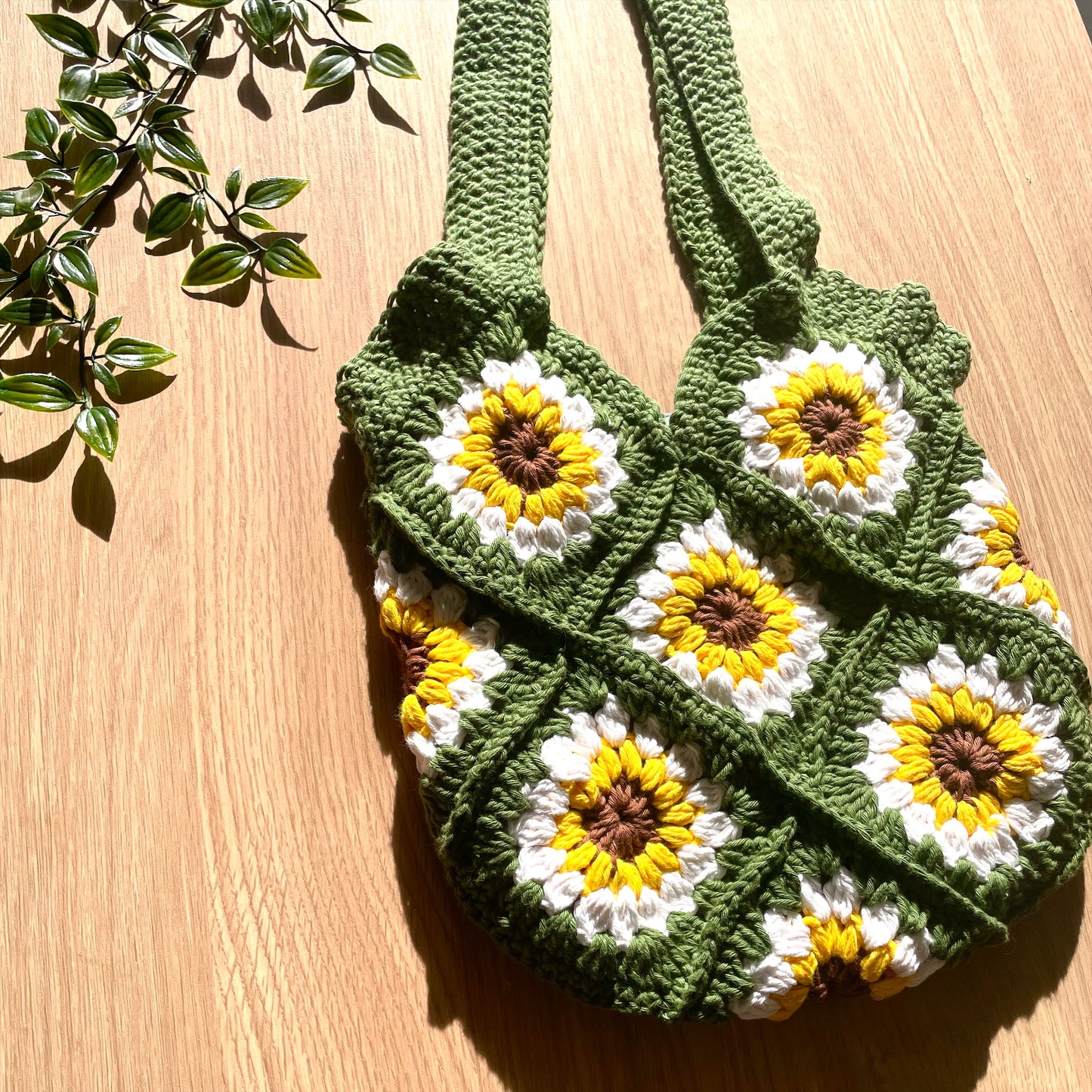 Handmade crochet green sunflower tote bag