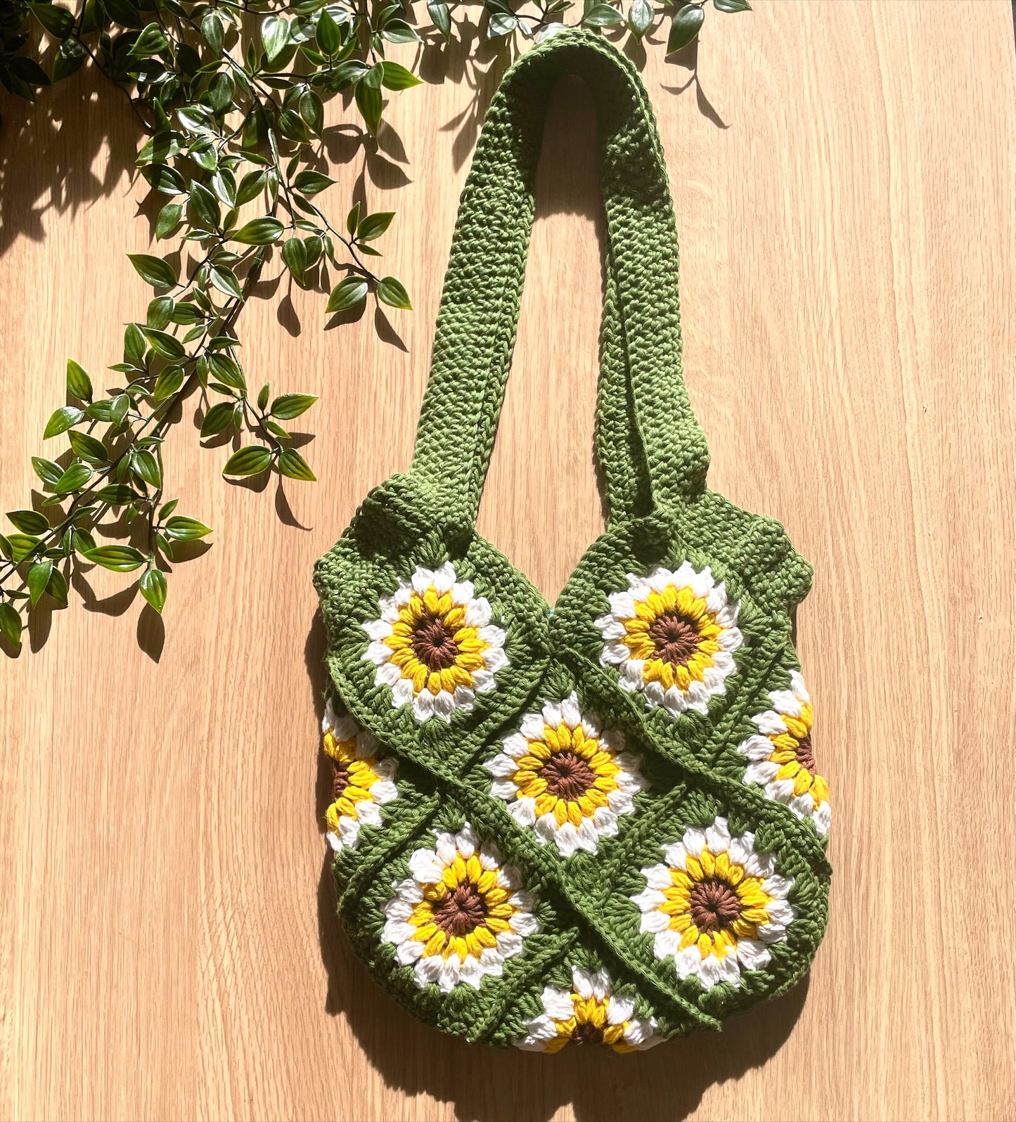 Handmade crochet green sunflower tote bag