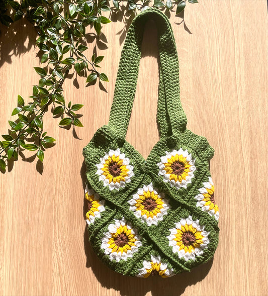 Handmade crochet green sunflower tote bag