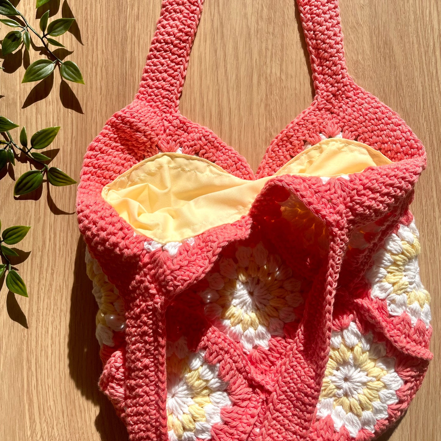 Handmade crochet Coral pink flower summer tote bag