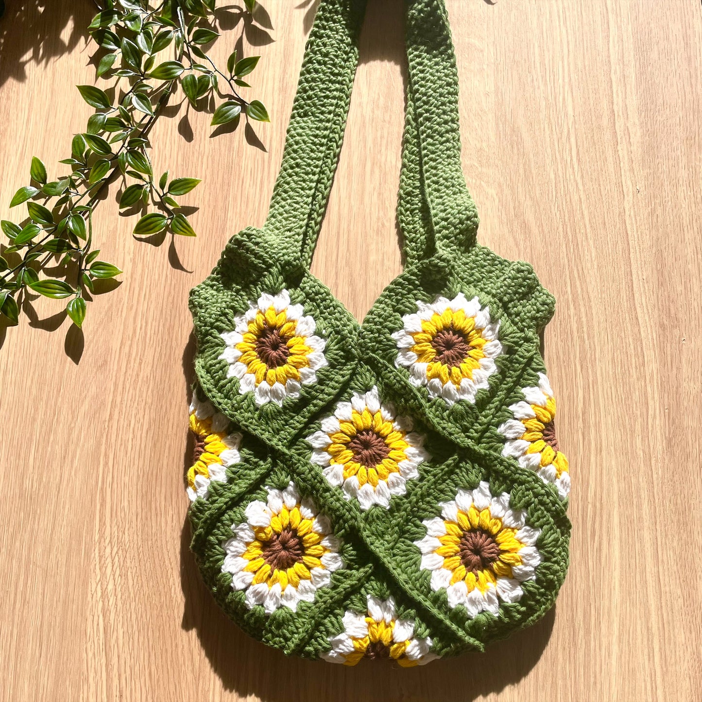 Handmade crochet green sunflower tote bag