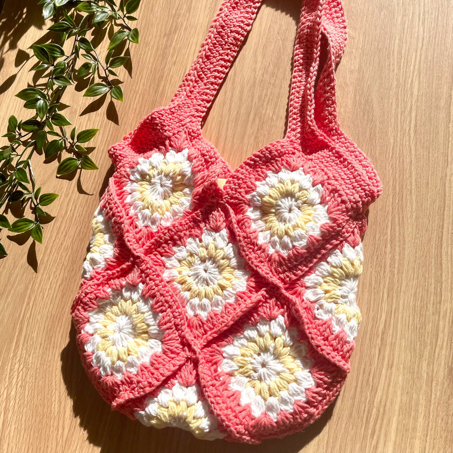 Handmade crochet Coral pink flower summer tote bag