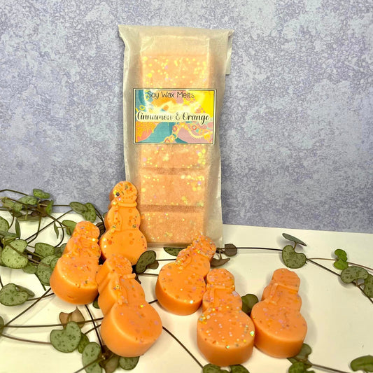 cinnamon and orange wax melt snap bar and snowmen shaped wax melts